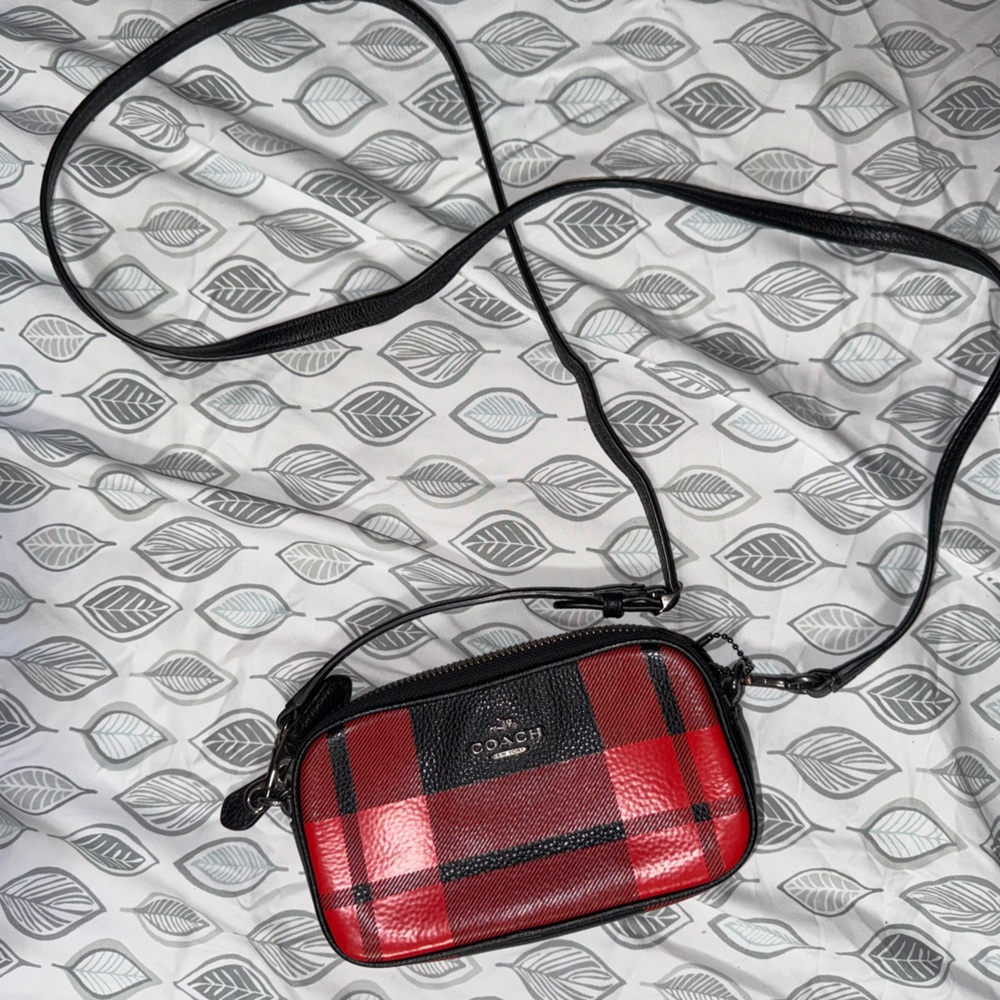 Coach mount plaid mini red and black crossbody.